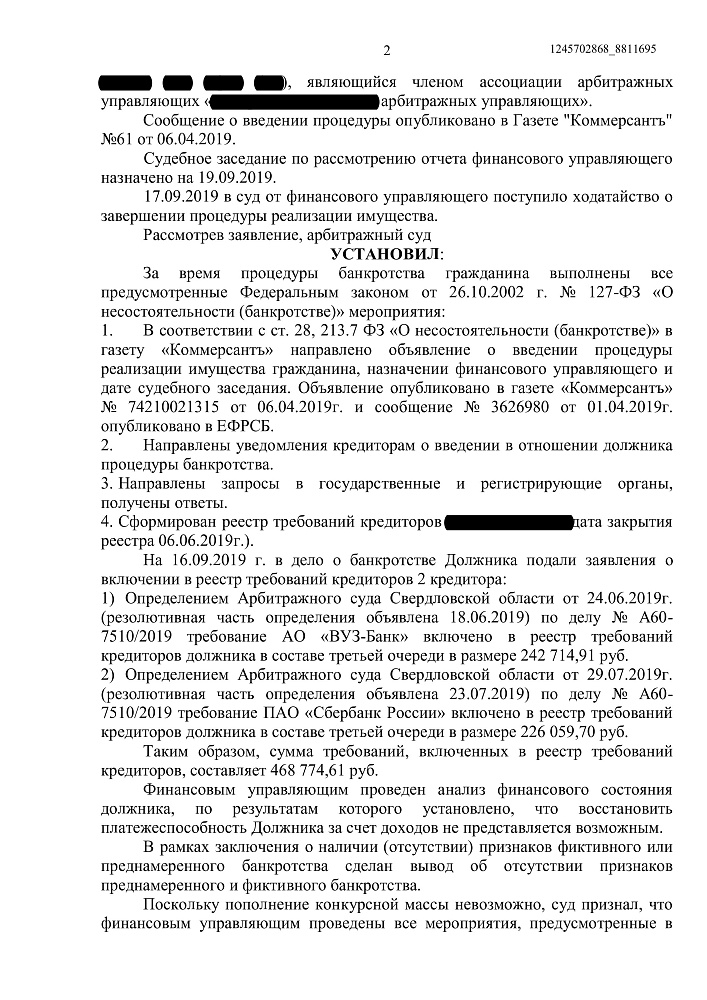 Прекращение процедуры реализации имущества физического лица